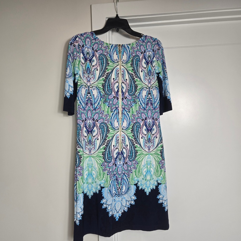 Eliza J Paisley Shift Dress Womens Size 4 Blue‎ Green  Zip Back Stretch (D11)